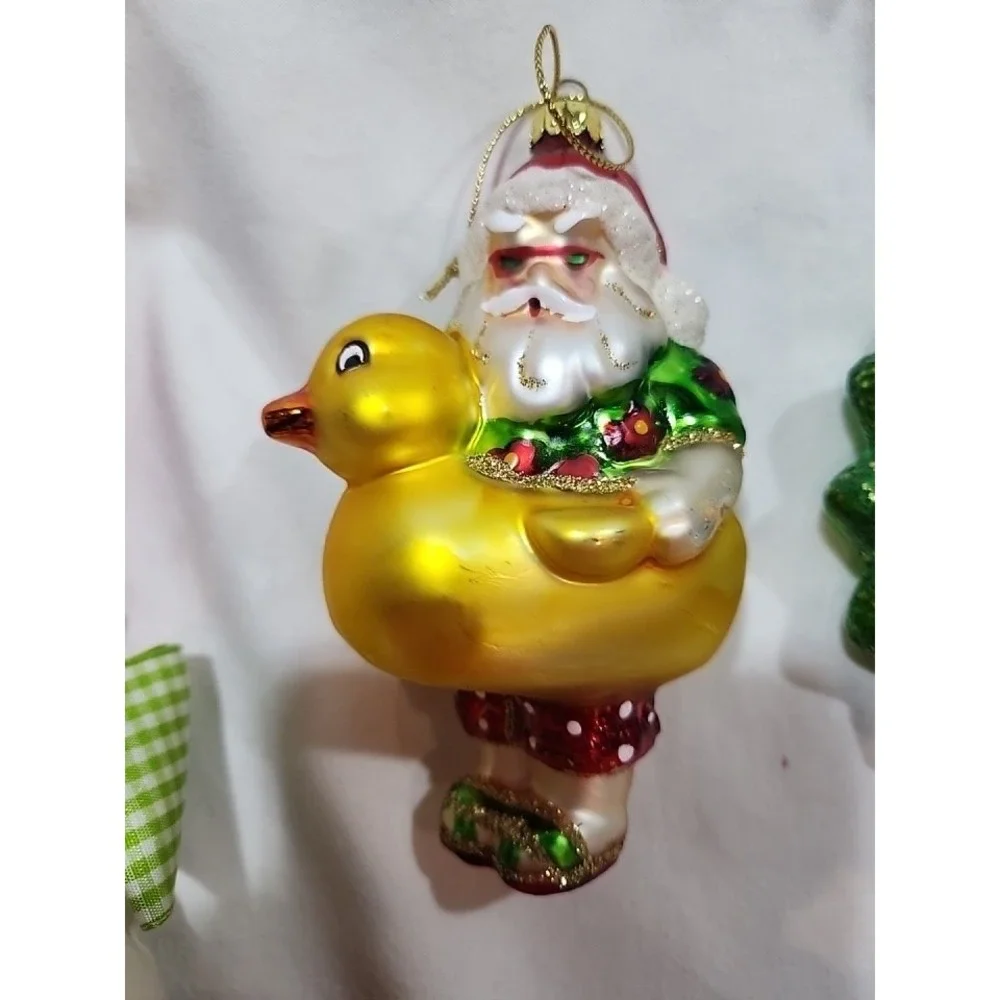 (3)Christmas Bead & Sequin & (1) Glass Ornament~Santa, Santa W/Duckie,Peacock